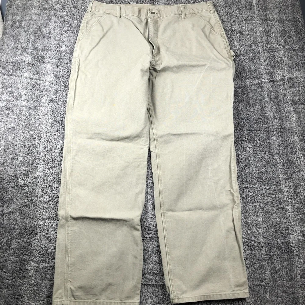 Carhartt Pants Mens 42x34 Beige Canvas Dungaree Fit Carpenter Workwear B11 DES‎